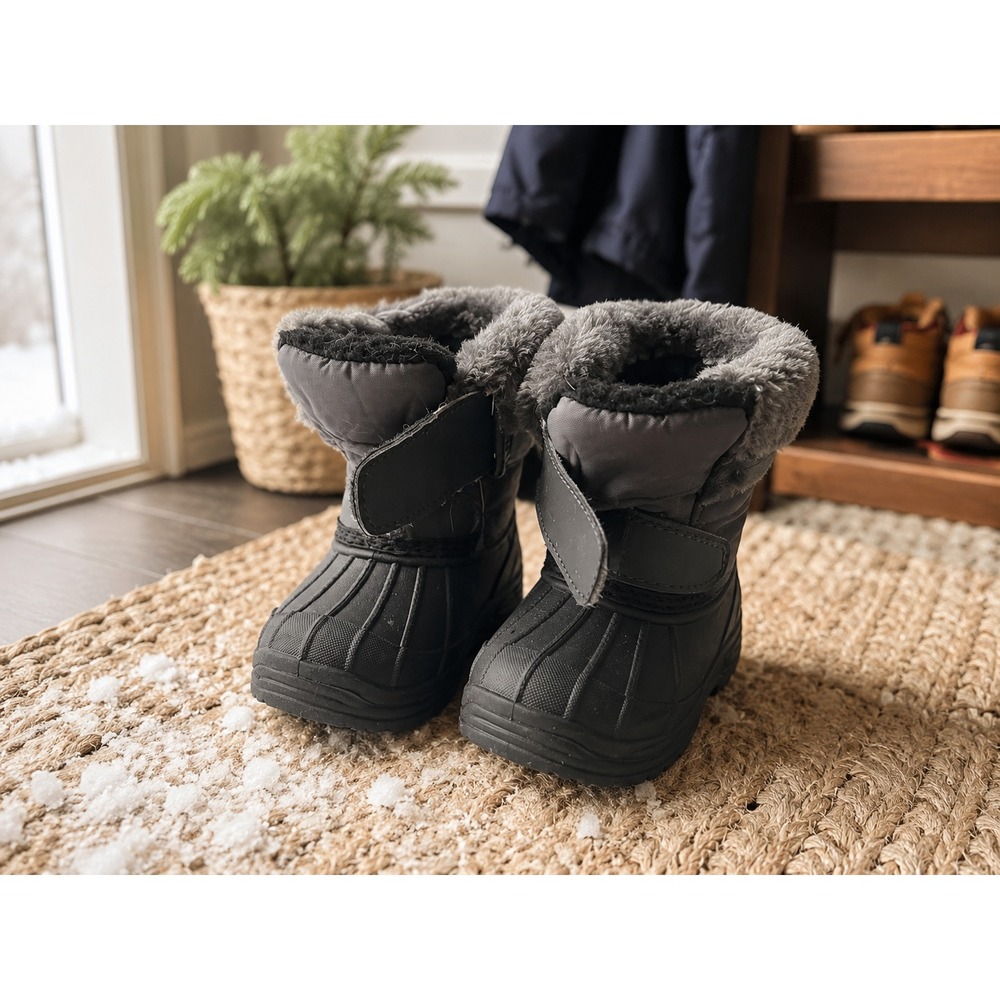 Toddler Winter Snow Boots Gray Black Faux Fur Hook Loop Size 9 Waterproof